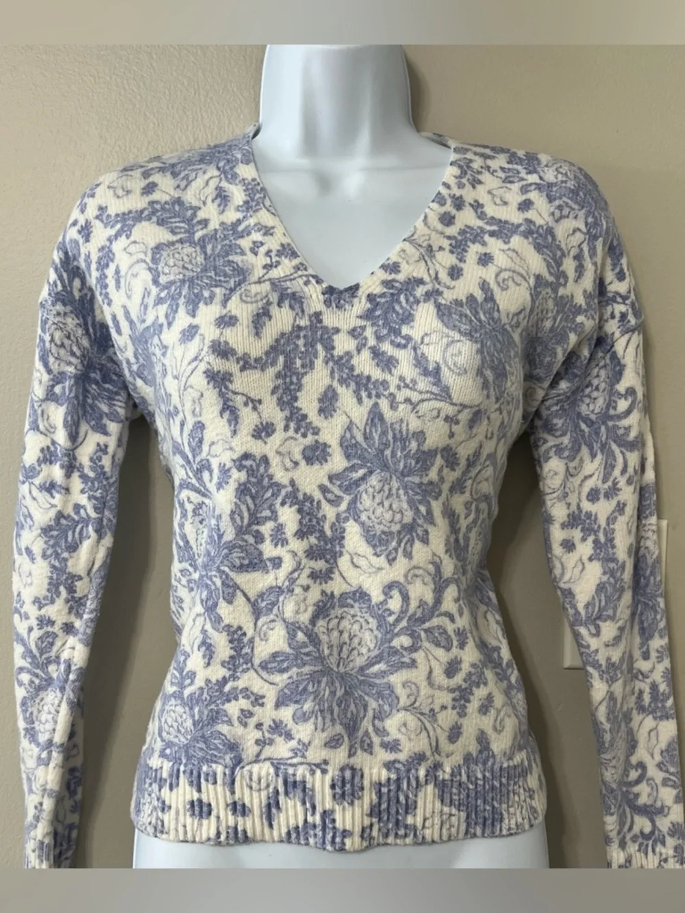 Blue Toile Floral Knit Sweater Cottagecore Romantic Grandmacore Soft Girl